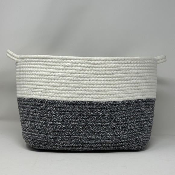 kidpik Other - Goodpick Woven Cotton Rope Basket Two Tone Gray White Oval Storage Bin Handle